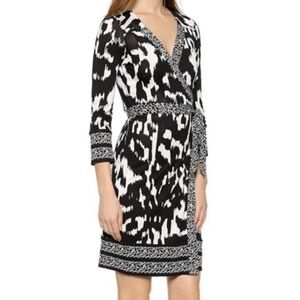 DVF black and white animal print wrap dress